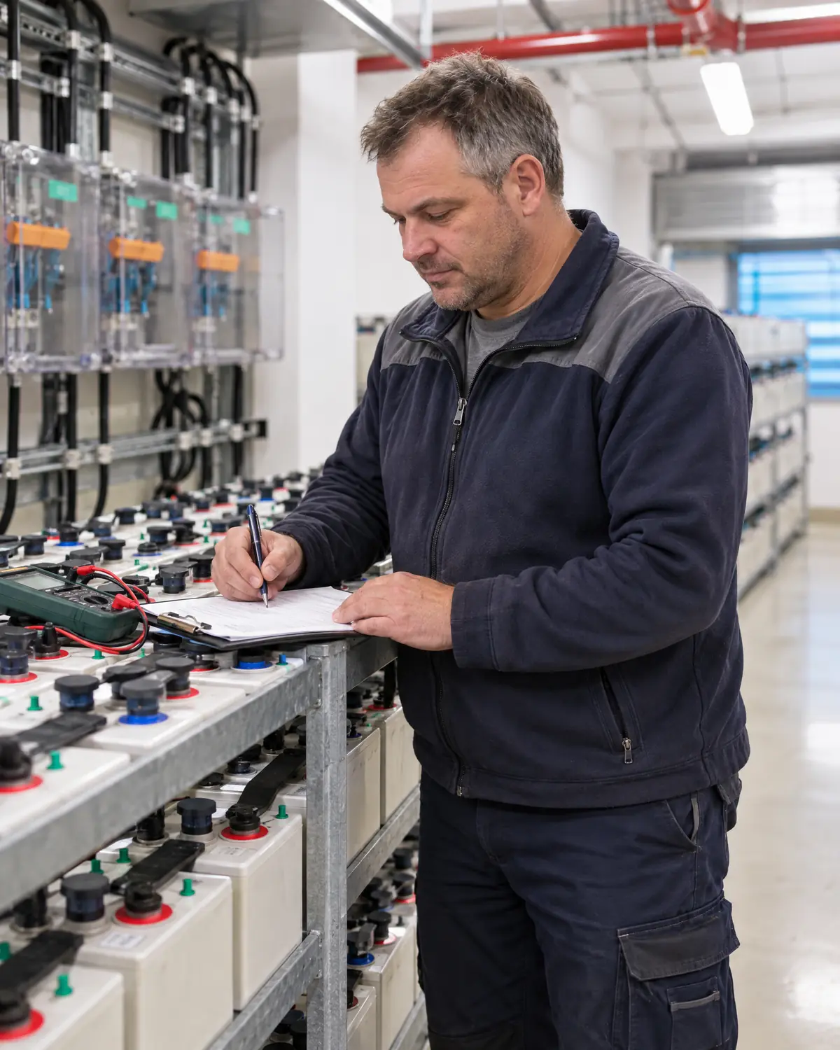Servicetechniker schreibt den Servicebericht an der Batterieanlage