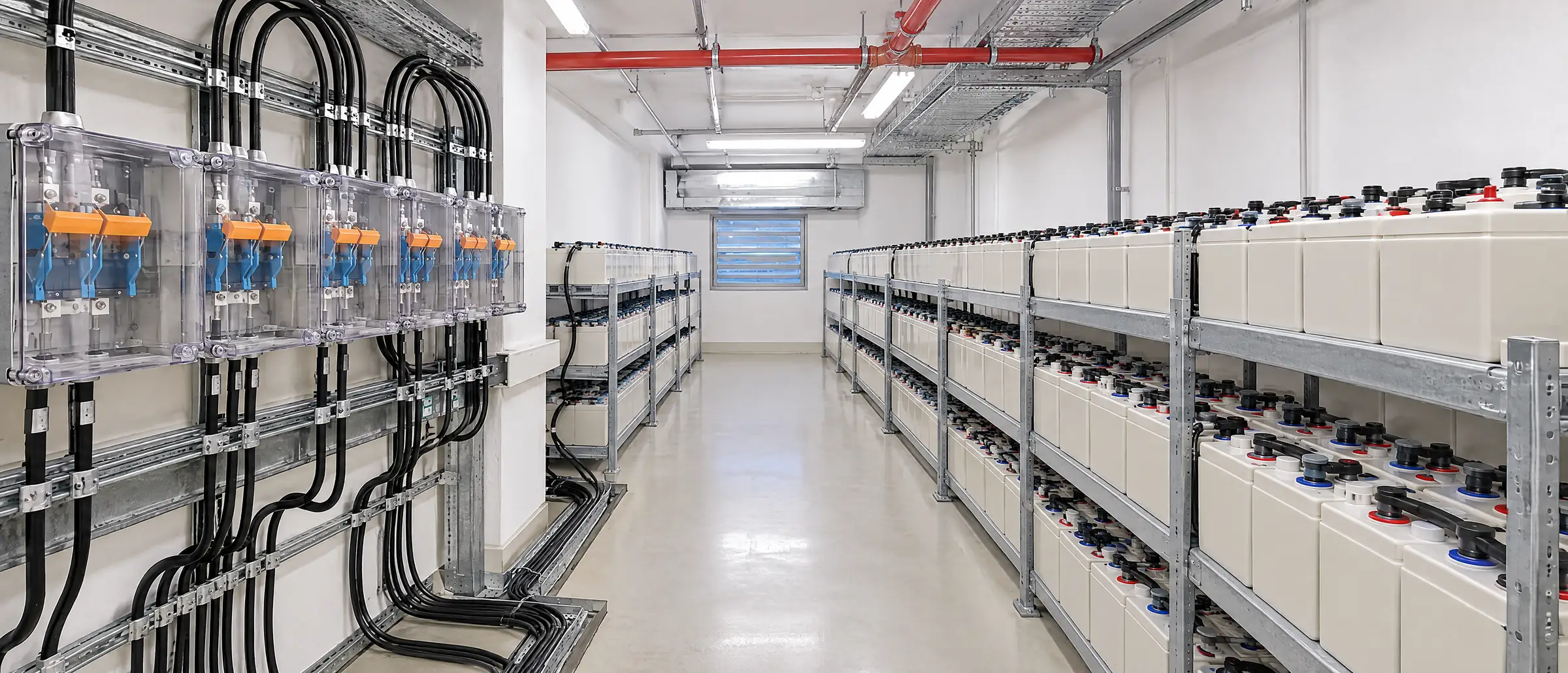 Batterieraum mit langen Regalen voller Batterien und Sicherungskästen an der Wand
