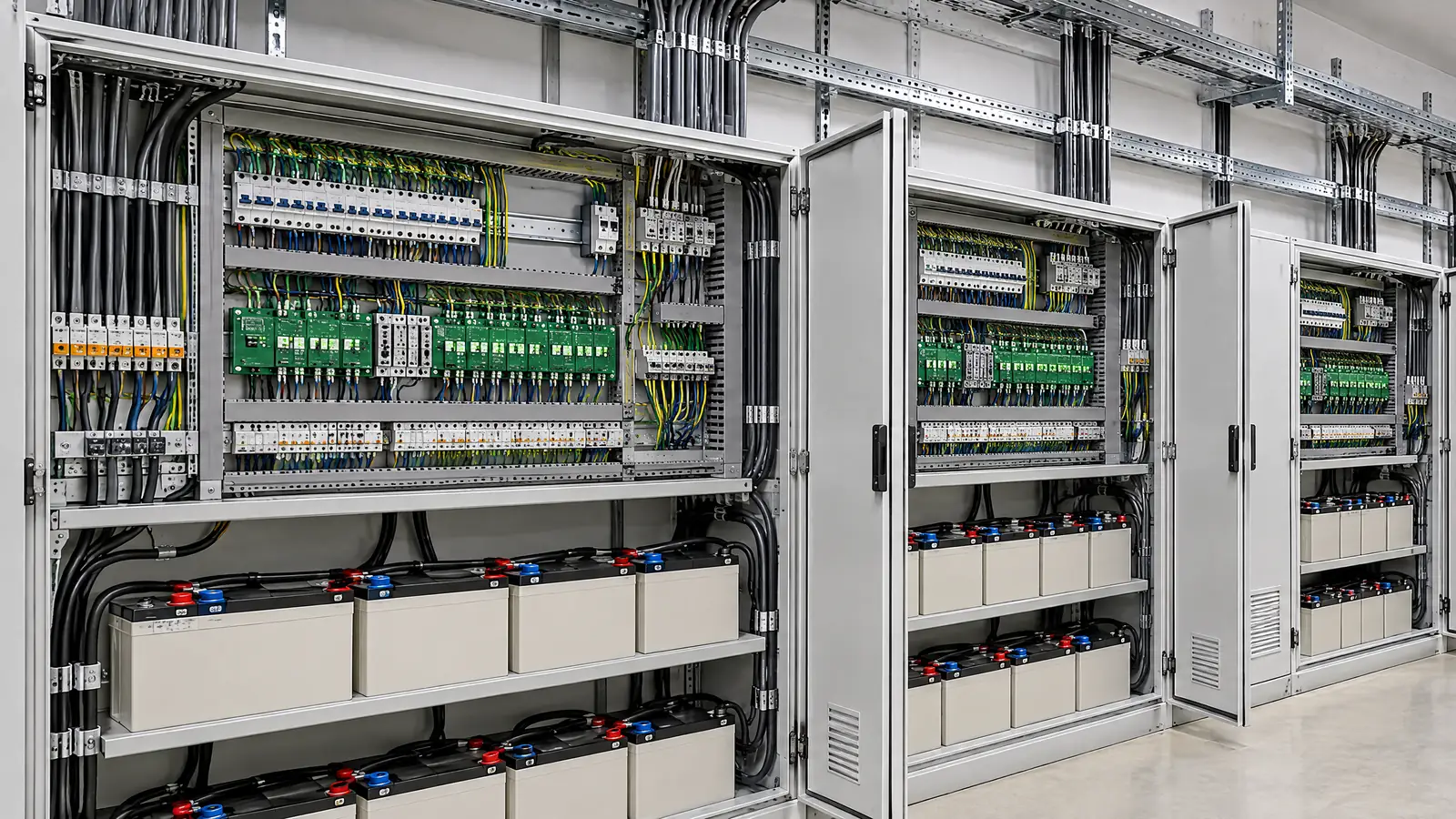 Offene Schaltschränke einer Sicherheitsbeleuchtungsanlage mit Batterien