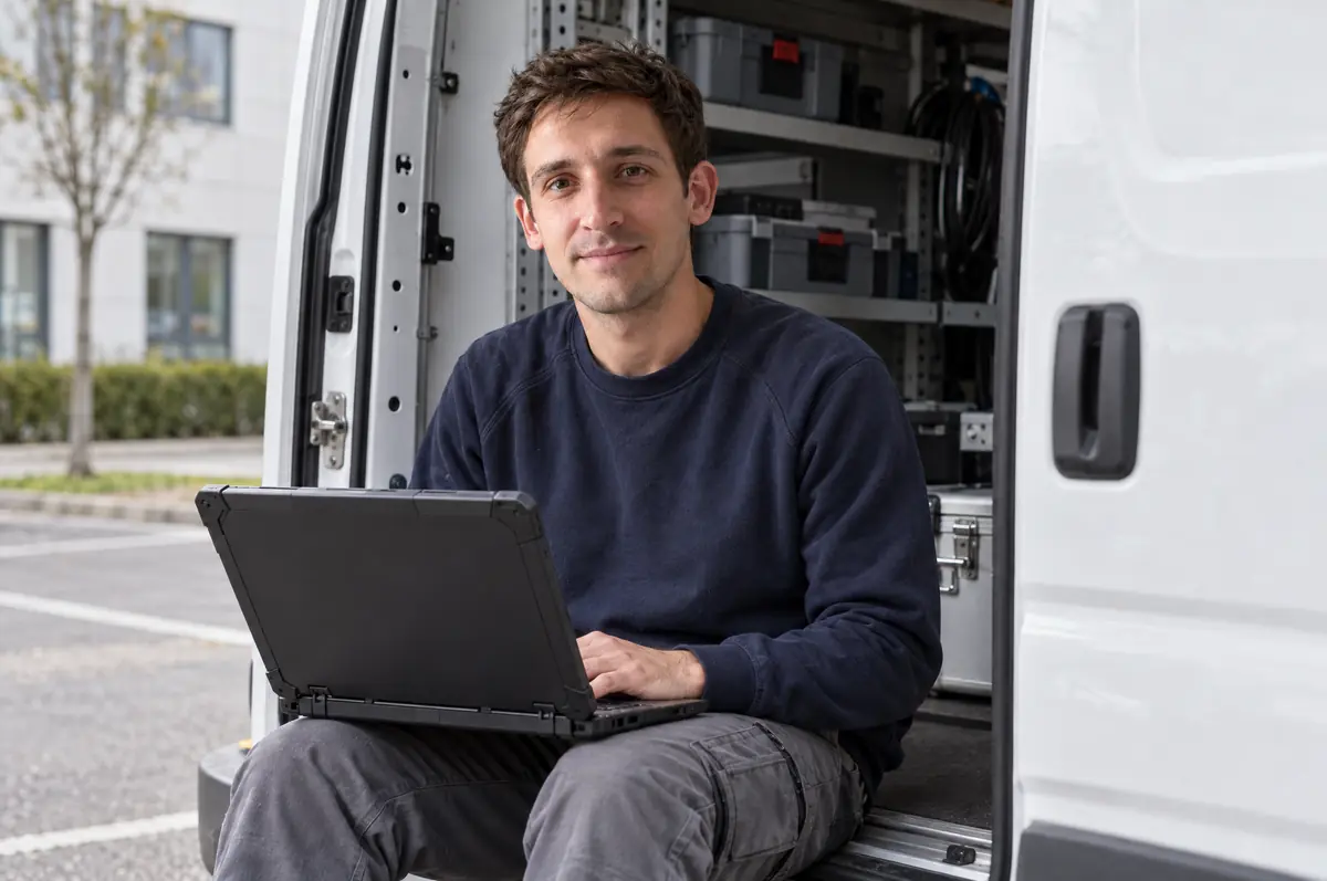 Servicetechniker schreibt den Servicebericht am Laptop im Firmenwagen