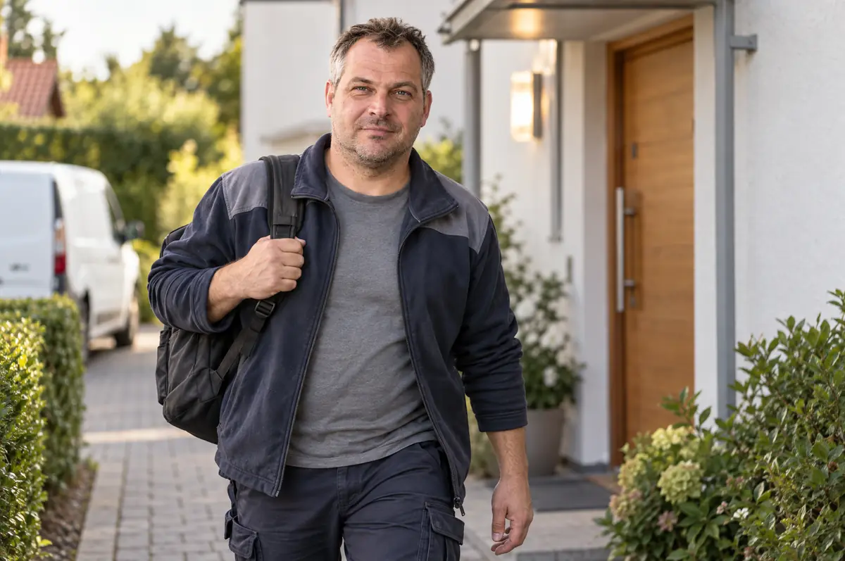 Servicetechniker kommt nach Feierabend zu Hause an