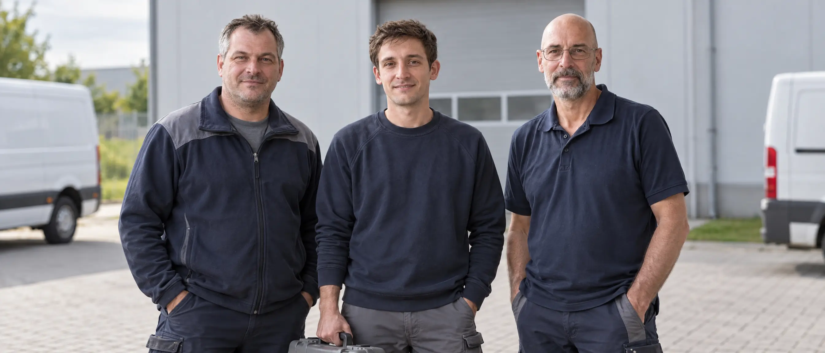3 Servicetechniker auf dem Hof vor den Firmenwagen