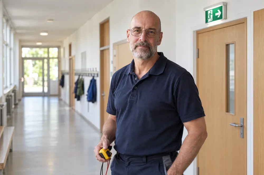 Servicetechniker bei der Prüfung der Sicherheitsbeleuchtung in einer Schule
