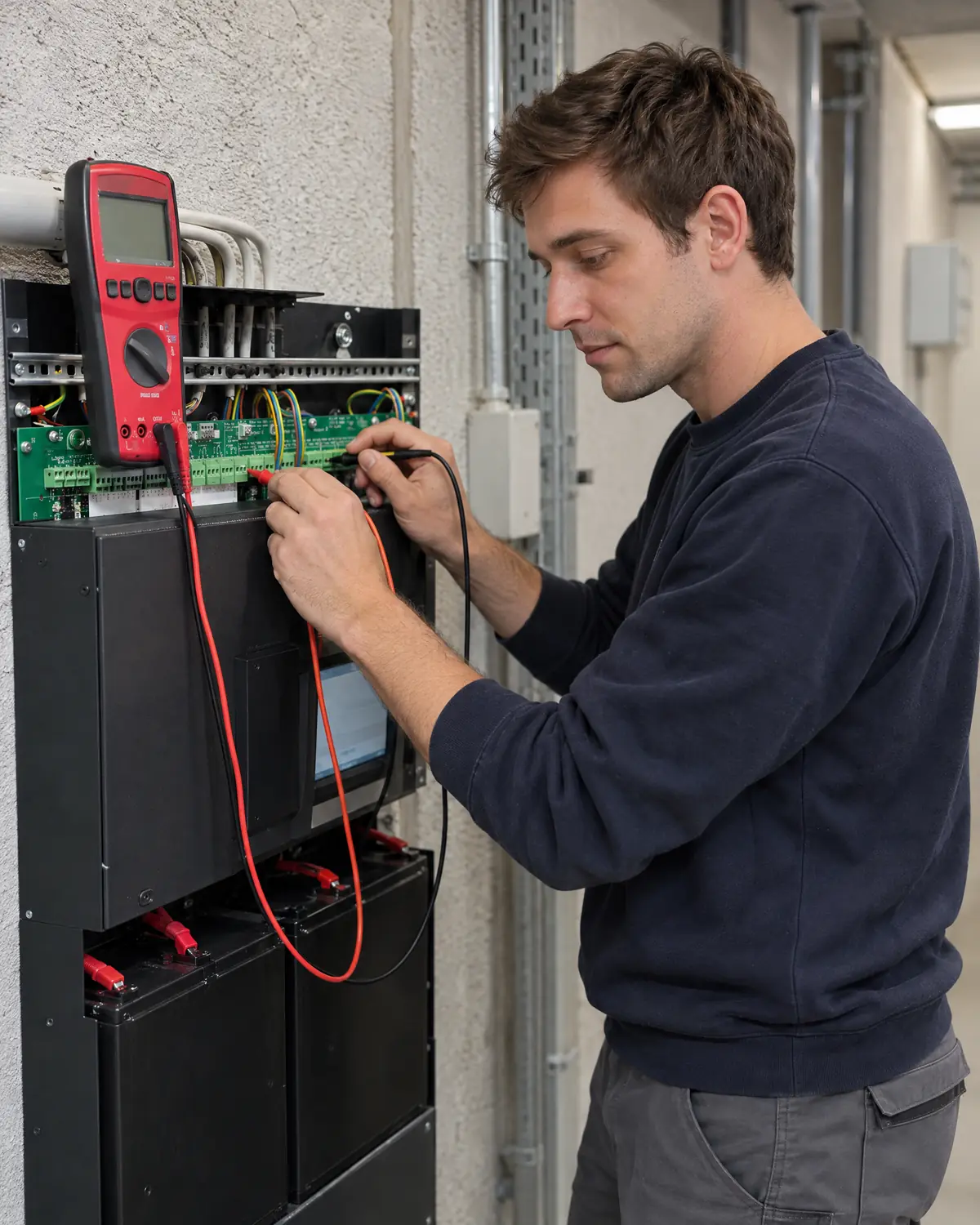 Servicetechniker misst an einer Sicherheitsbeleuchtungsanlage